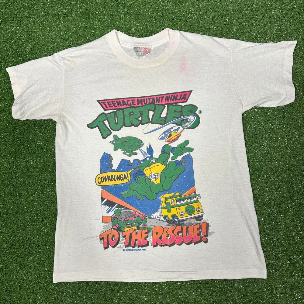 Vintage 1990 TMNT To The Rescue T-Shirt Mens White Single Stitch Mirage Studios‎